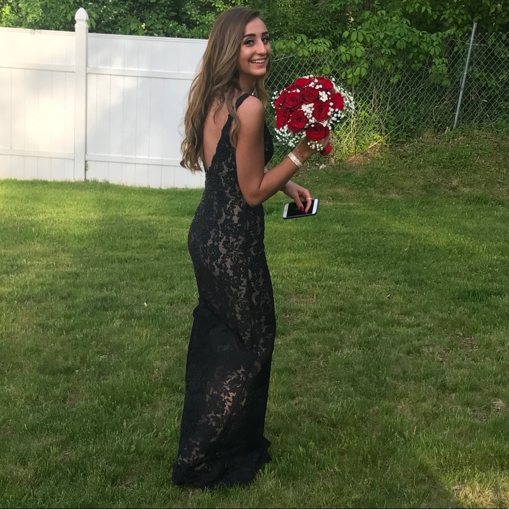 Black and Tan lace glitter prom dress